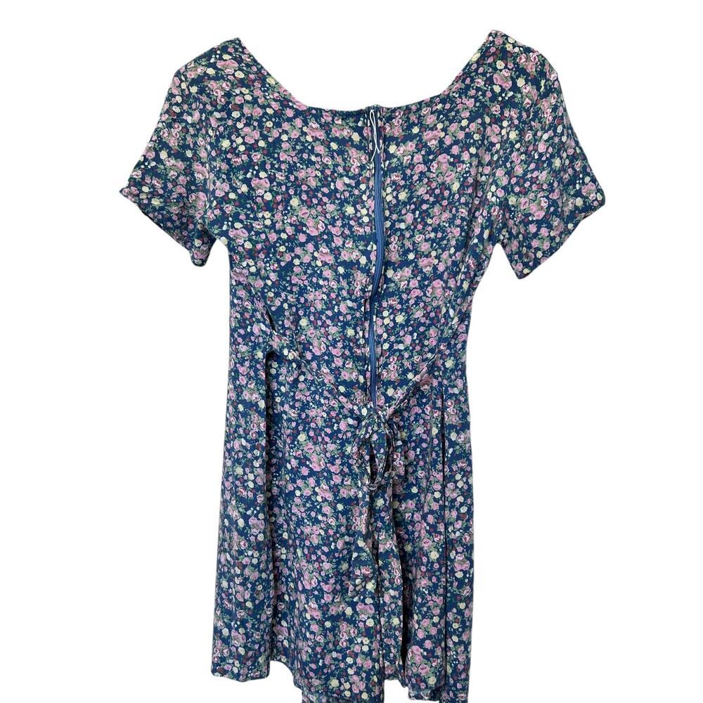 Vintage 90's Floral Rayon Romper Blue Pink Cottagecore Summer Mini size Large - Picture 5 of 9